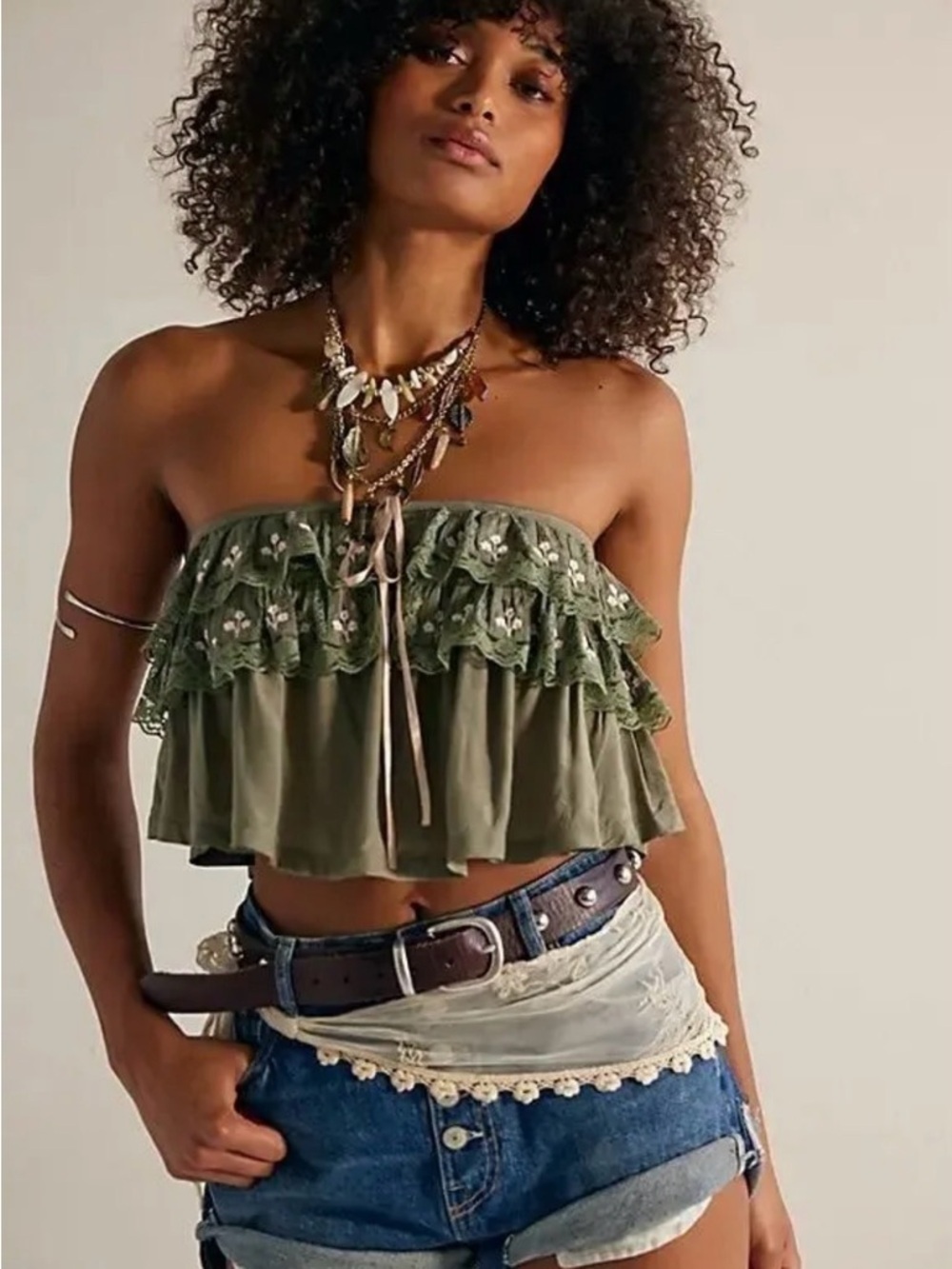 NWT Free People Tailia Seagrass Ruffled layered strapless top